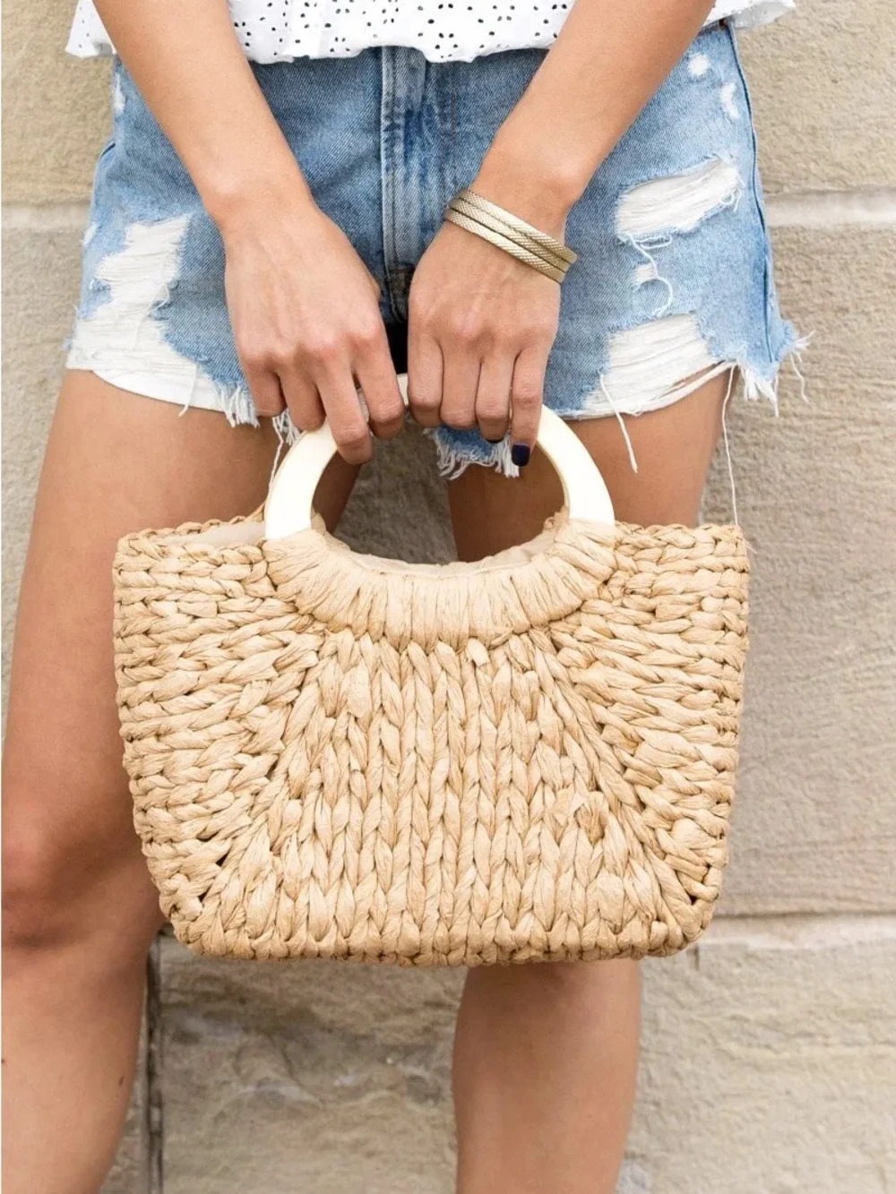 Natural Woven Straw Tote Bag with Round Handles
